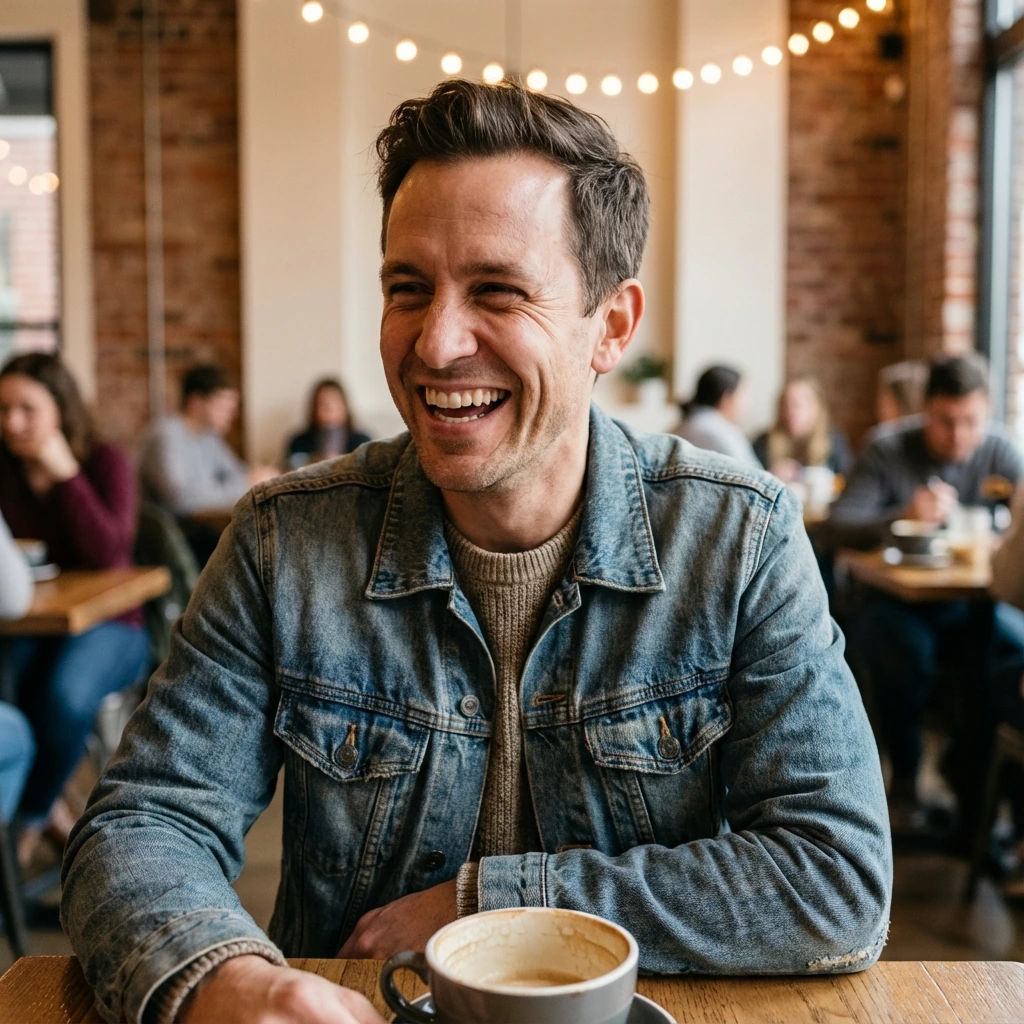 Dating Fotoshooting Frankfurt - Authentisches Profilbild Mann im Café für Tinder und Bumble